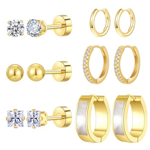 Silver Gold Plated Surgical Steel Flat Back Earrings for Women Hypoallergenic 14K Gold Plated Stud Huggie Earring Set Fashion Shell Cubic Zirconia Flatback Studs Cartilage Earrings Pack for Multiple Piercing 5/8Pairs - color: 6 Pairs Gold Plated Shell Wat