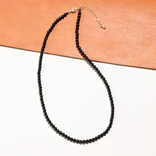 Simple Choker Necklace for Women Real Stone and Crystals Necklaces 4mm Beaded Choker Jewelry Meditation Gift for Women (16"+2") - style: Black Agate