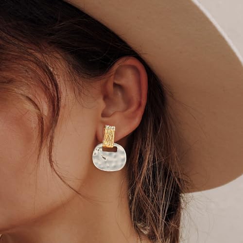 MUYAN Gold and Silver Boho Hammered Dangling Earrings for Women Modern Statement Finish Dangle Drop Earrings Jewelry - color: A Two Tone