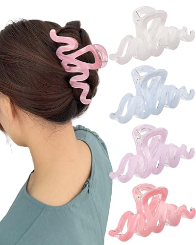 4Pcs Large Hair Claw Clips, Nonslip Cute Jelly Hair Clips for Thick Hair and Long Hair - color: Wave-White + Purple + Pink + Blue