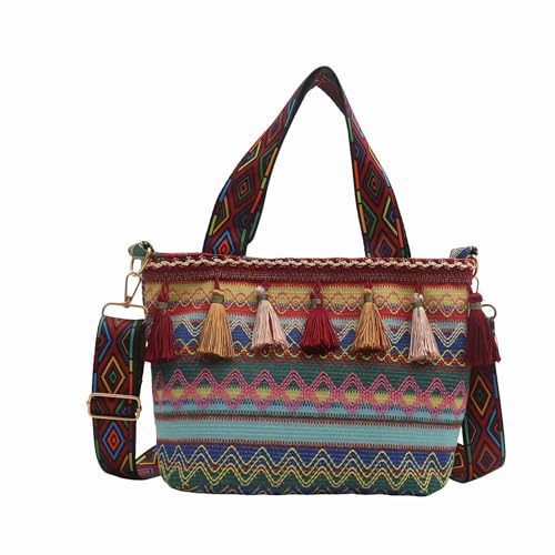boho western crossbody bags for women, boho hippie handbag tote bag, fringe colorful multi color canvas purse