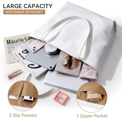 WLLWOO Soft Vegan Leather Tote Bag for Women Large Casual Hobo Handbags Zipper Shoulder Work Daily Weekender Travel Purse - color: White