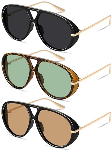 GRFISIA Retro Oversized Aviator Sunglasses for Women Men Metal 70s Aviators 2026 Fashion Shades for Beach Vacation UV400 - color: (3pcs) Black/Gray+tortoise/Green+black/Brown
