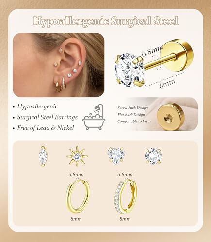 Incaton Hypoallergenic Flat Back Earrings for Women Silver 14K Gold Plated Surgical Stainless Steel Stud Earrings Cubic Zirconia Cartilage Studs Earrings For Multiple Piercing Sensitive Ears - color: K-Gold