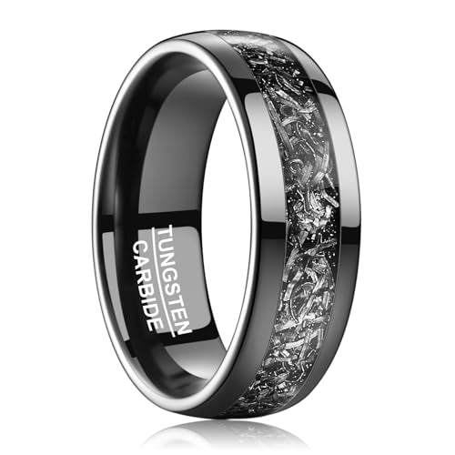 Vakki Personalized Black Tungsten Ring for Men Women Wedding Band Meteorite Inlay Custom Engraved Engagement Ring Polished Domed Comfort Fit Size 7-12 - color: A-Black