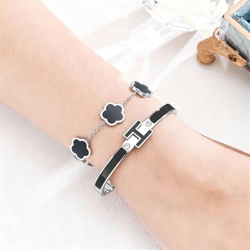 H Bangle & Clover Bracelet for Women - Stainless Steel Fashion Jewelry - 18K Gold Plated H Bangle and Lucky Five Leaf Clover Bracelet - Elegant Bracelets Set - Gift for Women - color: Silver-Black Set
