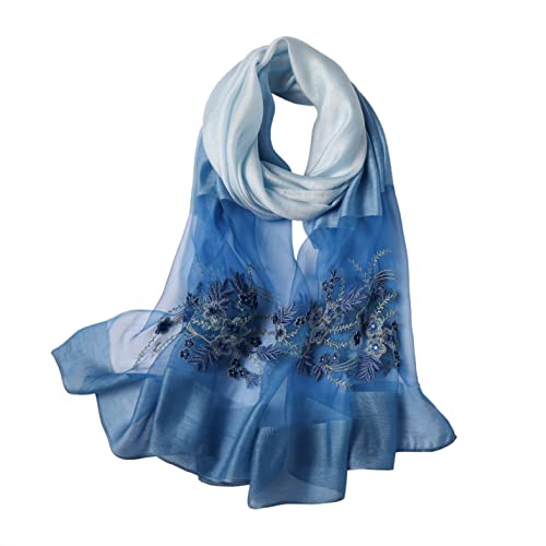 WINCESS YU Women Mulberry Silk Scarf Long & Large Embroidered Floral Pattern Shawl and Wraps Neckerchief for Hair & Neck - color: Gradient Blue
