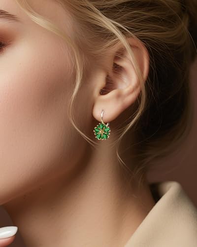 Vintage 14K Gold Plated Flower Birthstone Earrings - Hypoallergenic Leverback Floral Earrings, Trendy Jewelry Gifts for Women - color: Emerald Green