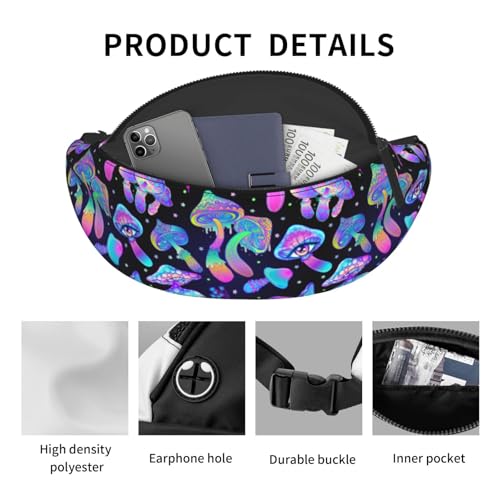 Magic mushrooms Psychedelic colorful hippie boho Fashion casual fanny pack waist bag men women adjustable belt waist bag for travel hiking cycling running festival carnival - color: Black26