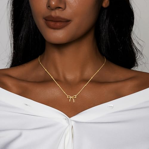 OGD Gold Necklace for Women, Bow Necklace 14K Layered Gold Necklace Dainty Bow Pendant Choker Necklace Trendy Bow Necklace Gold Chain Necklaces for Women Jewelry Gift - color: Beaded Bow-Gold