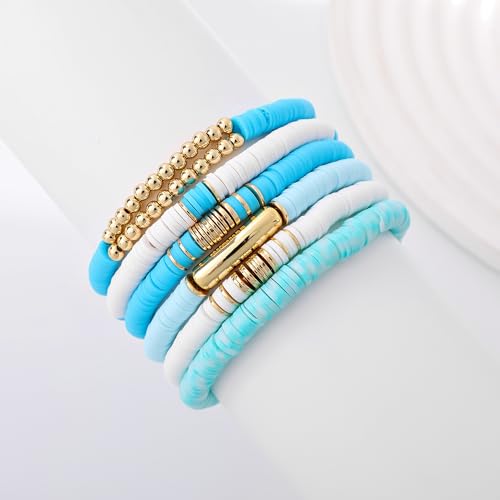 GOOJIDS Surfer Heishi Clay Bead Bracelets for Women Bohemian Stackable Gold Plated Beaded Stretch Bracelets Elastic Layering Friendship Bracelets Set Boho Jewelry - color: B-Blue&White Set