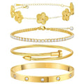 MOINSPIRE Gold Bracelets for Women, 18K Gold Plated Tennis Nail Clover love Bangle Bracelets Set Non Tarnish, Stainless Steel Trendy Stackable Bracelet Fashion Jewelry Accessories Gifts for Christmas - color: A1-Gold