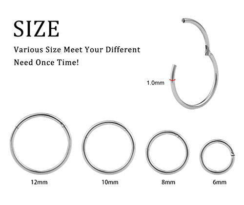 4Pcs 16G 18G 20G Surgical-Steel-Piercing-Ring-Nose-Rings-Hinged-Hoop-Earrings,6mm 8mm 10mm 12mm Seamless Stainless Steel Clicker Eyebrow Septum Piercing Hoop,Sliver Black Gold Rose Gold Rainbow Body Jewelry Set - color: 18G Silver