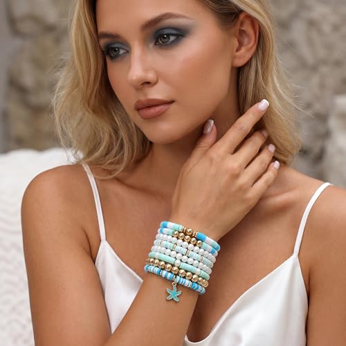 GOOJIDS Surfer Heishi Clay Bead Bracelets for Women Bohemian Stackable Gold Plated Beaded Stretch Bracelets Elastic Layering Friendship Bracelets Set Boho Jewelry - color: B-Blue Starfish Set