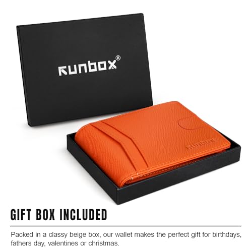 RUNBOX Wallet for Men -Slim Rfid Leather Mens Bifold Novelty Wallets 2 ID Window With Gift Box Men's Accessories | Slim - color: palm-orange