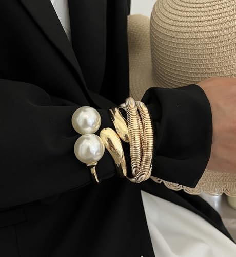 Chunky Gold Bangle Bracelets for Women, Dainty 14k Gold Plated Big Stackable Bangles Set, Trendy Cuff Bracelet Stack Fashion Jewelry Gifts - style: 3 Pearl gold bangles
