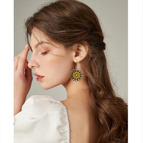 Bohemian Lightweight Vintage Copper Enamel Flower Hollow Dangle Drop Earrings Handmade Retro Circle Floral Hook Earrings For WomenJewelry Gifts - color: Yellow