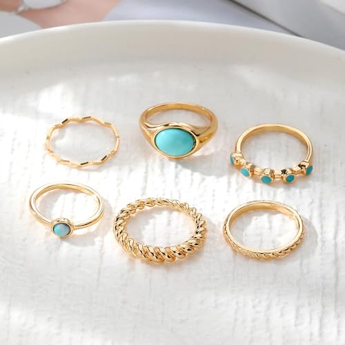 Bohemian Turquoise Ring for Women Chunky Gold Flower Statement Rings Vintage Round Turquoises Stackable Knuckle Ring Set for Women Western Jewelry - style: Turquoise ring-6Pcs