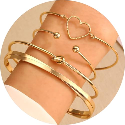 Alegend Titanium Steel (Not Rust, Resist Corruption, Easily Clean) 18K Gold Plated Single Bracelets + 14K Gold Plated Stackable Multilayer Bracelets - style: 14KGold + 4PCS D