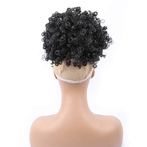 Drawstring Ponytail with Bangs Afro Puff Ponytail Extensions for Women Short Curly Puff Ponytail with Bangs Clip in Wrap Updo Hairpiece for Women(1B) - color: 1B