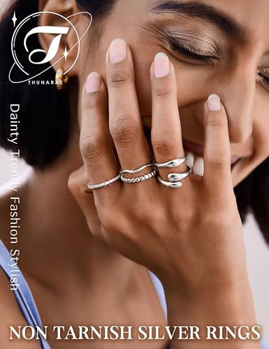 THUNARAZ 14K Gold Plated Rings for Women Non Tarnish Stackable Chunky Rings Cubic Zirconia Thumb Ring Set Dainty Trendy Statement Promise Wedding Bands Engagement Ring for Women Size 6-10 - color: Silver