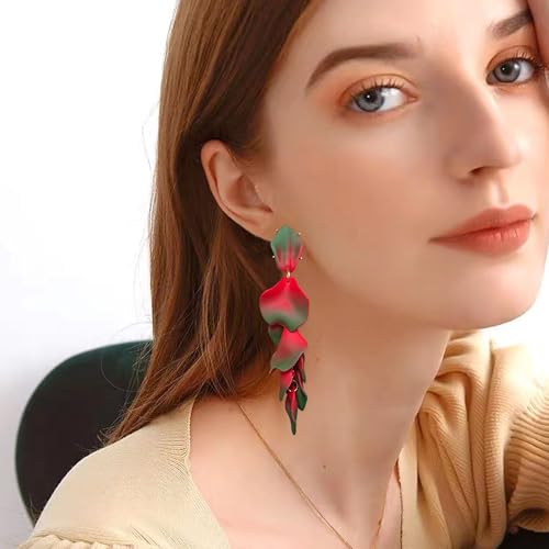 Long Acrylic Rose Petal Earrings Dangle Exaggerated Flower Earrings Drop Statement Floral Tassel Earrings for Women - color: Green + Red