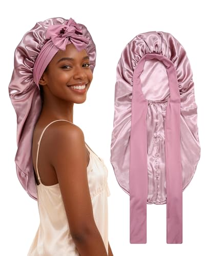 AWAYTR Long Satin Bonnet for Braids - Elastic Silk Hair Bonnets for Sleeping Night Cap Stretchy Tie Band for Women（Rose Gold） - color: Rose Gold