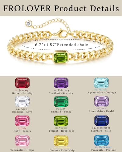 Birthstone Gold Bracelets for Women Non Tarnish Trendy 14k Gold Plated Bracelet Dainty Charm Emerald Bracelets Stack Cuban Link Friendship Bracelets Jewelry Gifts for Birthday/Valentine's Day - color: 08. August(Peridot)