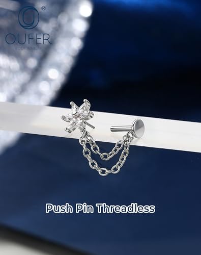 OUFER 16G Chain Cartilage Piercing Jewelry-316L Surgical Steel Gold Flat Back Push Pin Helix Earring, Star Clear CZ Double Chain Lobe Piercing Jewelry - style: Flower-Silver
