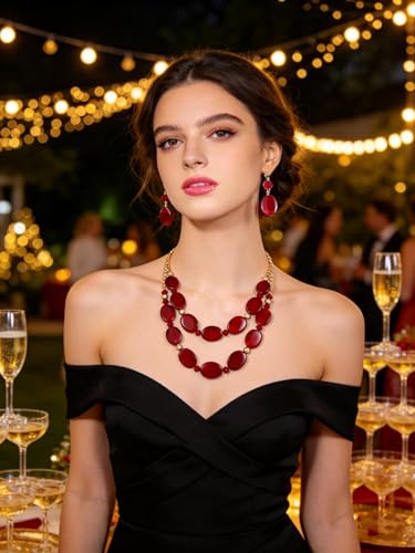 2 Layered Chunky Beaded Shell Necklace for Women Sea Shell blue/yellow/red/green/turquoise/teal/white Statement Necklace and Earring Set Elegant Women Necklace Set Jewelry Sets for Women - color: Burgundy
