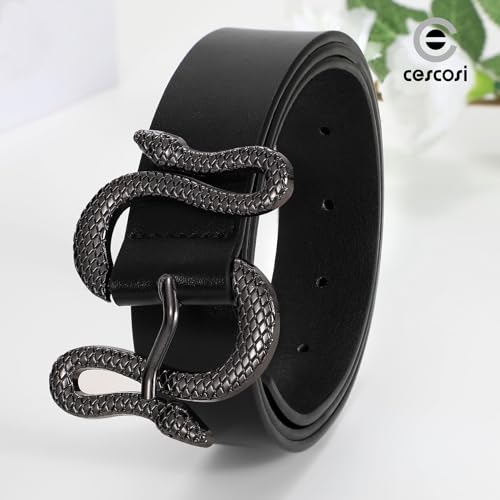 Women Leather Belt with Snake Buckle Fashion Women Belt for Jeans Pants Dresses - color: B-black, size: Fit Size 41"-45"