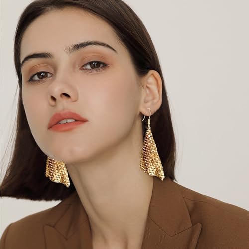 Sequin Earrings for Women Metal Mesh Grid Sequins Tassel Long Drop Dangle Earrings Trendy Charms Bridal Wedding Jewelry - color: Gold