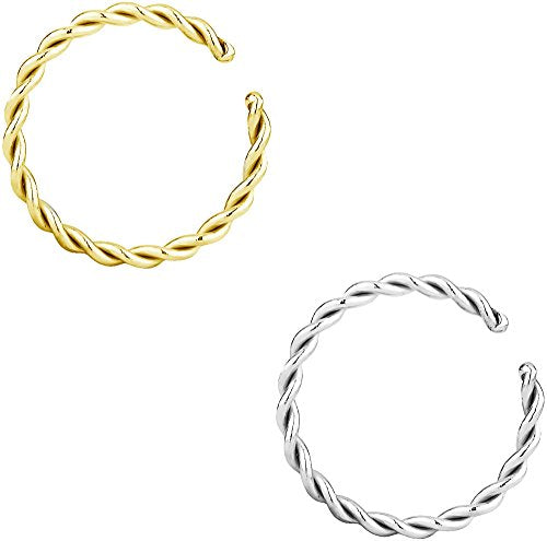 Forbidden Body Jewelry Nose Rings Set Surgical Steel Braided Hoops for Pierced and Fake Nose and Cartilage Piercings 14G-20G - style: 16g 10mm Silver/Gold Tone (2Pcs)