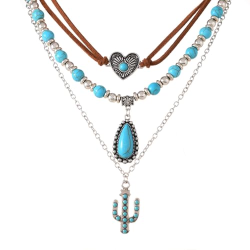 ONLYJUMP Boho Turquoise Leather Choker Necklace for Women Bohemian Handmade Leaf Layered Black Brown Suede Western Cowlady Necklace Western Country Party Jewelry Gifts - style: Cactus