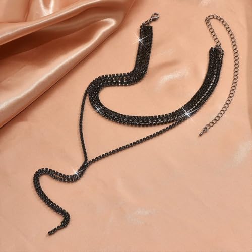 Statement Layered Sparkly Crystal Choker Black Long Tassel Y Necklace for Women, Dainty Multilayer Silver Bling Rhinestone Necklaces Prom Jewelry Gift - color: Black