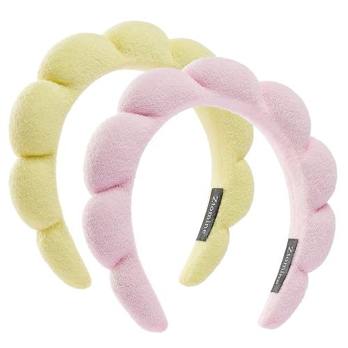 Ztomine Spa Terry Cloth Headbands for Face Washing - Set of 2 Puffy Makeup Headbands, Mask (Pink + Light Yellow) - color: Pink + light yellow