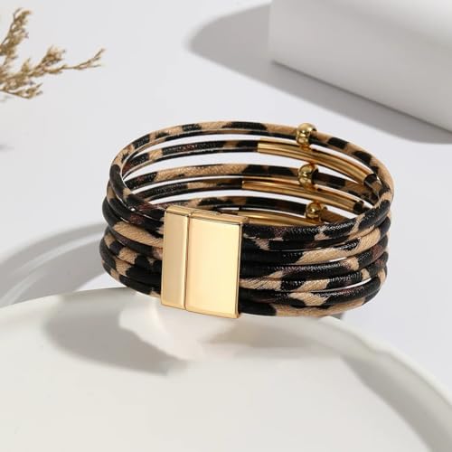 Circle Charm Leather Wrap Bracelet Bohemia Multilayer Leopard Handcrafted Layered Cuff Boho Multi-Chain Bracelet for Women Teen Holiday Jewelry - color: Style C