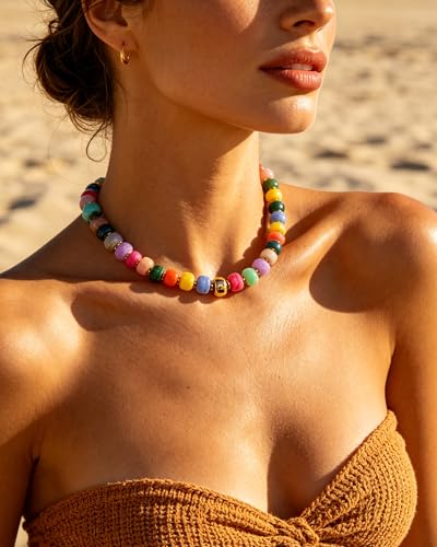Chunky Beaded Statement Necklace for Women Trendy Colorful Boho Resin Bead Choker Necklaces Summer Handmade Jewelry Gifts Accessories - color: Gold-Colorful 1