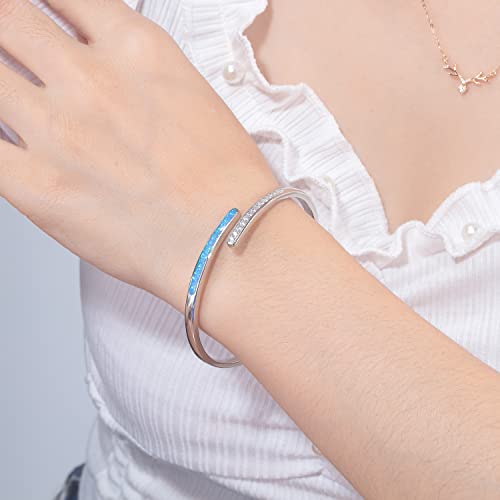 CiNily Womens Cuff Bracelet,Opal Bangle Bracelets Gold Plated Hypoallergenic Ladies Gemstone Open Cuff Bangle Bracelet - color: a.Thin CZ Opal-Blue