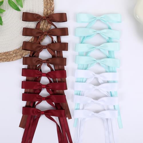 WORTL Hair Bows Clips Coquette Ribbon Bowknot with Long Tail Princess Hair Bows French Barrettes Hair Accessories for Women Girls 16PCS (Wine Red, White, Aquamarine, Brown) - color: Wine Red, White, Aquamarine, Brown