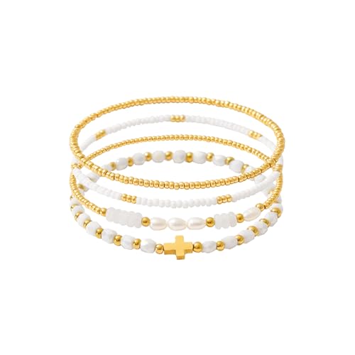 Dainty Gold Plated Pearl Crystal Beaded Bracelets Set for Women 14K Gold Plated Bead Pearl Beads Bracelet Stackable Paperclip Link Chain Bracelets Gold Plated Bracelets for Women Trendy Jewelry - color: Style3-gold white bracelets set