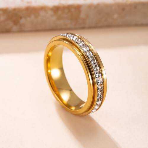 6mm Titanium Fidget Rings for Women Anxiety Relasing, Full Cubic Zirconia Ring Eternity Wedding Band Ring Love Statement Jewelry, Hypoallergenic Stainless Steel Gold Rings for Women No Tarnish - color: gold-fidget