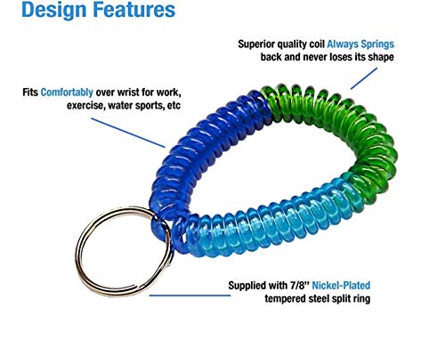 Lucky Line 2” Spiral Wrist Coil with Steel Key Ring, Multi-Color Flexible Wrist, Band Key Chain Bracelet, Stretches to 12”, Blue, Dark Blue,Green 1 PK (4103341) - color: Blue Green, size: 1 Pack
