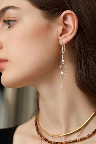 NECOCY Gold Dangle Earrings for Women Non Tarnish 14K Gold Plated Drop Wedding Hypallergenic Earring Dainty Long Hanging Chain CZ Pearl Threader Earrings Trendy Silver Plated Jewelry for Women - style: Silver&Style2