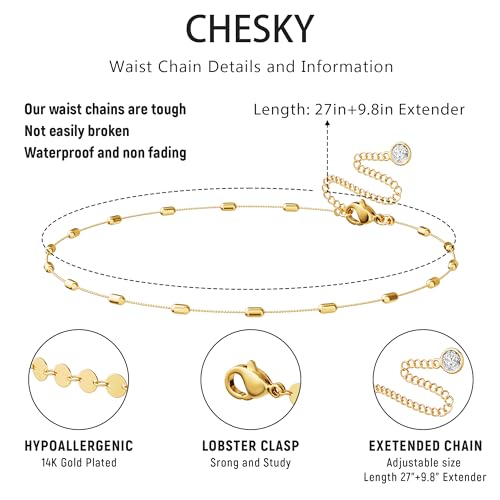 CHESKY Waist Beads for Women, Dainty 14k Gold Plated Waist Chain Beach Accessories Cute Belly Chain Body Chain Gold Chain Belts for Women Summer Beach Jewelry for Womens Gifts Rave Outfits for Womens - style: Bead