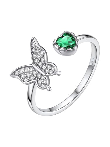 Bestyle 925 Sterling Silver Butterfly Ring Hypoallergnic Adjustable Birthstone Rings for Women Butterfly Jewelry Gifts for Anniversary Mothers' Day Birthday - color: 05.May(Emerald)