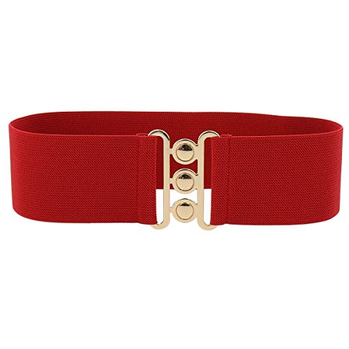 FASHIONGEN - Wide Waist Elasticated Woman Belt Made in France, GLORIA - color: Dark Red (Golden Buckle), size: Small / waist size 28 to 30