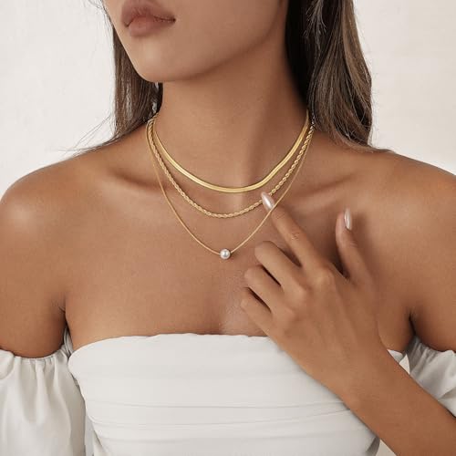Layered Gold Necklace for Women Trendy 14K Gold Plated Heart CZ Pendant Layered Gold Necklaces Set Coin Choker Necklaces Simple Circle Cubic Zirconia Pearl Necklace Stack Herringbone Paperclip Chain Jewelry Set - style: 3PCS-Snake chain + Pearl-GD