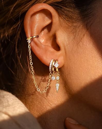 Triple Huggie Stacked Earrings for Women Gold Chain Drop Dangle Earrings Cute Statement CZ Earrings Trendy Dainty Jewelry Gift - color: Gold 10