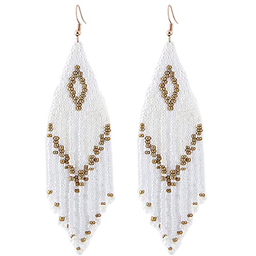 Bohemian Long Rice Beaded Tassel Earrings,Boho Native Handmade Woven Seed Bead Drop Dangle Earrings Statement Jewelry for Women Summer Holiday - color: White